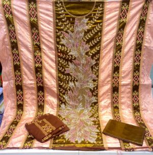 Pre-order A4-Bazin Farafarani with Handwork New collection (3 pcs set )   3 mtr bubu and 2 mtr pagne with scarf