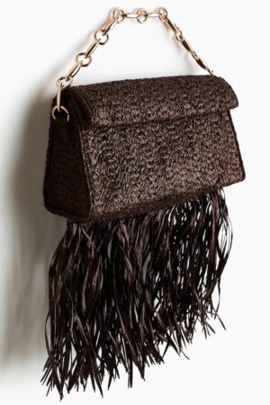 Dark-Brown-fringed-straw-clutch bag