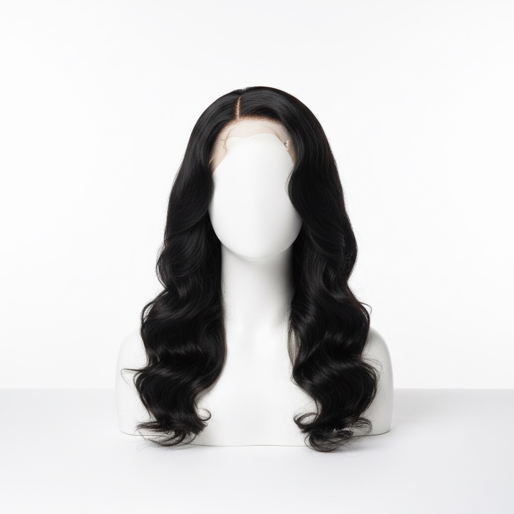 A long, black wig with soft waves is displayed on a white mannequin head against a plain white background.